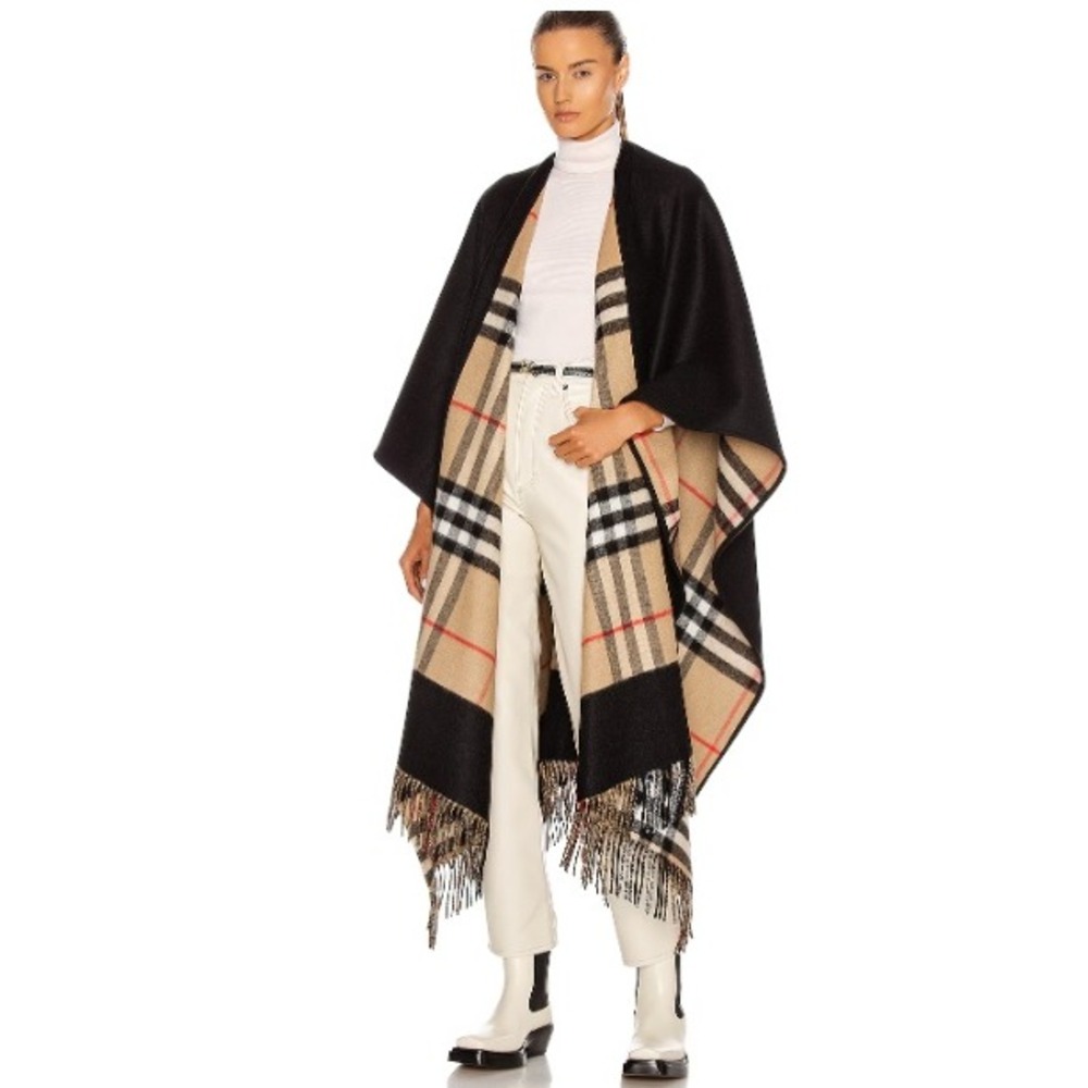 NWT Burberry Reversible Wool Cashmere Poncho Wrap House Check Black 8037423 1